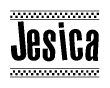 The clipart image displays the text Jesica in a bold, stylized font. It is enclosed in a rectangular border with a checkerboard pattern running below and above the text, similar to a finish line in racing. 