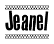 The clipart image displays the text Jeanel in a bold, stylized font. It is enclosed in a rectangular border with a checkerboard pattern running below and above the text, similar to a finish line in racing. 