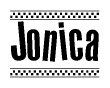 The clipart image displays the text Jonica in a bold, stylized font. It is enclosed in a rectangular border with a checkerboard pattern running below and above the text, similar to a finish line in racing. 