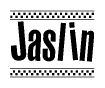 The image is a black and white clipart of the text Jaslin in a bold, italicized font. The text is bordered by a dotted line on the top and bottom, and there are checkered flags positioned at both ends of the text, usually associated with racing or finishing lines.