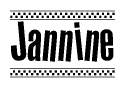 The image is a black and white clipart of the text Jannine in a bold, italicized font. The text is bordered by a dotted line on the top and bottom, and there are checkered flags positioned at both ends of the text, usually associated with racing or finishing lines.