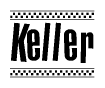 The image contains the text Keller in a bold, stylized font, with a checkered flag pattern bordering the top and bottom of the text.