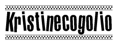 The image is a black and white clipart of the text Kristinecogolio in a bold, italicized font. The text is bordered by a dotted line on the top and bottom, and there are checkered flags positioned at both ends of the text, usually associated with racing or finishing lines.