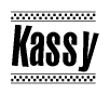 The image is a black and white clipart of the text Kassy in a bold, italicized font. The text is bordered by a dotted line on the top and bottom, and there are checkered flags positioned at both ends of the text, usually associated with racing or finishing lines.