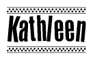 The image contains the text Kathleen in a bold, stylized font, with a checkered flag pattern bordering the top and bottom of the text.