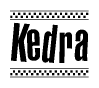 The image contains the text Kedra in a bold, stylized font, with a checkered flag pattern bordering the top and bottom of the text.