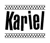 The image contains the text Kariel in a bold, stylized font, with a checkered flag pattern bordering the top and bottom of the text.