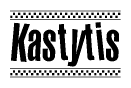 The image is a black and white clipart of the text Kastytis in a bold, italicized font. The text is bordered by a dotted line on the top and bottom, and there are checkered flags positioned at both ends of the text, usually associated with racing or finishing lines.