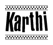 The image contains the text Karthi in a bold, stylized font, with a checkered flag pattern bordering the top and bottom of the text.