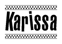 The image is a black and white clipart of the text Karissa in a bold, italicized font. The text is bordered by a dotted line on the top and bottom, and there are checkered flags positioned at both ends of the text, usually associated with racing or finishing lines.