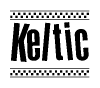 The image contains the text Keltic in a bold, stylized font, with a checkered flag pattern bordering the top and bottom of the text.