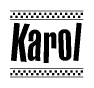 The image is a black and white clipart of the text Karol in a bold, italicized font. The text is bordered by a dotted line on the top and bottom, and there are checkered flags positioned at both ends of the text, usually associated with racing or finishing lines.