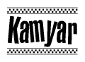 The clipart image displays the text Kamyar in a bold, stylized font. It is enclosed in a rectangular border with a checkerboard pattern running below and above the text, similar to a finish line in racing. 