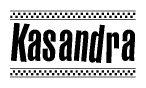 The clipart image displays the text Kasandra in a bold, stylized font. It is enclosed in a rectangular border with a checkerboard pattern running below and above the text, similar to a finish line in racing. 