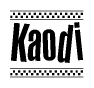 The image is a black and white clipart of the text Kaodi in a bold, italicized font. The text is bordered by a dotted line on the top and bottom, and there are checkered flags positioned at both ends of the text, usually associated with racing or finishing lines.