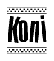 The image is a black and white clipart of the text Koni in a bold, italicized font. The text is bordered by a dotted line on the top and bottom, and there are checkered flags positioned at both ends of the text, usually associated with racing or finishing lines.