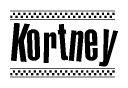 The image is a black and white clipart of the text Kortney in a bold, italicized font. The text is bordered by a dotted line on the top and bottom, and there are checkered flags positioned at both ends of the text, usually associated with racing or finishing lines.