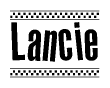 The image is a black and white clipart of the text Lancie in a bold, italicized font. The text is bordered by a dotted line on the top and bottom, and there are checkered flags positioned at both ends of the text, usually associated with racing or finishing lines.