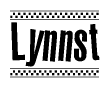 The image is a black and white clipart of the text Lynnst in a bold, italicized font. The text is bordered by a dotted line on the top and bottom, and there are checkered flags positioned at both ends of the text, usually associated with racing or finishing lines.