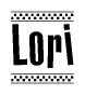 The image is a black and white clipart of the text Lori in a bold, italicized font. The text is bordered by a dotted line on the top and bottom, and there are checkered flags positioned at both ends of the text, usually associated with racing or finishing lines.