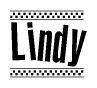 The image is a black and white clipart of the text Lindy in a bold, italicized font. The text is bordered by a dotted line on the top and bottom, and there are checkered flags positioned at both ends of the text, usually associated with racing or finishing lines.