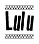 The image is a black and white clipart of the text Lulu in a bold, italicized font. The text is bordered by a dotted line on the top and bottom, and there are checkered flags positioned at both ends of the text, usually associated with racing or finishing lines.