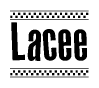 The image is a black and white clipart of the text Lacee in a bold, italicized font. The text is bordered by a dotted line on the top and bottom, and there are checkered flags positioned at both ends of the text, usually associated with racing or finishing lines.