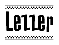 The image is a black and white clipart of the text Lezzer in a bold, italicized font. The text is bordered by a dotted line on the top and bottom, and there are checkered flags positioned at both ends of the text, usually associated with racing or finishing lines.