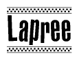 The image contains the text Lapree in a bold, stylized font, with a checkered flag pattern bordering the top and bottom of the text.