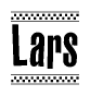 The image is a black and white clipart of the text Lars in a bold, italicized font. The text is bordered by a dotted line on the top and bottom, and there are checkered flags positioned at both ends of the text, usually associated with racing or finishing lines.