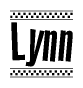 The image is a black and white clipart of the text Lynn in a bold, italicized font. The text is bordered by a dotted line on the top and bottom, and there are checkered flags positioned at both ends of the text, usually associated with racing or finishing lines.