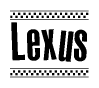 The image contains the text Lexus in a bold, stylized font, with a checkered flag pattern bordering the top and bottom of the text.