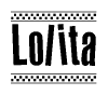 The image is a black and white clipart of the text Lolita in a bold, italicized font. The text is bordered by a dotted line on the top and bottom, and there are checkered flags positioned at both ends of the text, usually associated with racing or finishing lines.