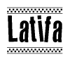 The image contains the text Latifa in a bold, stylized font, with a checkered flag pattern bordering the top and bottom of the text.