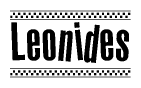 The image is a black and white clipart of the text Leonides in a bold, italicized font. The text is bordered by a dotted line on the top and bottom, and there are checkered flags positioned at both ends of the text, usually associated with racing or finishing lines.