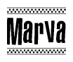 The image is a black and white clipart of the text Marva in a bold, italicized font. The text is bordered by a dotted line on the top and bottom, and there are checkered flags positioned at both ends of the text, usually associated with racing or finishing lines.