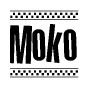 The clipart image displays the text Moko in a bold, stylized font. It is enclosed in a rectangular border with a checkerboard pattern running below and above the text, similar to a finish line in racing. 