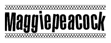 The image is a black and white clipart of the text Maggiepeacock in a bold, italicized font. The text is bordered by a dotted line on the top and bottom, and there are checkered flags positioned at both ends of the text, usually associated with racing or finishing lines.