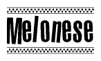 The image is a black and white clipart of the text Melonese in a bold, italicized font. The text is bordered by a dotted line on the top and bottom, and there are checkered flags positioned at both ends of the text, usually associated with racing or finishing lines.