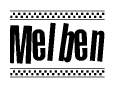 The clipart image displays the text Melben in a bold, stylized font. It is enclosed in a rectangular border with a checkerboard pattern running below and above the text, similar to a finish line in racing. 
