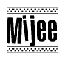 The image is a black and white clipart of the text Mijee in a bold, italicized font. The text is bordered by a dotted line on the top and bottom, and there are checkered flags positioned at both ends of the text, usually associated with racing or finishing lines.
