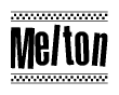 The clipart image displays the text Melton in a bold, stylized font. It is enclosed in a rectangular border with a checkerboard pattern running below and above the text, similar to a finish line in racing. 