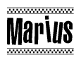 The image contains the text Marius in a bold, stylized font, with a checkered flag pattern bordering the top and bottom of the text.