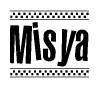 The image contains the text Misya in a bold, stylized font, with a checkered flag pattern bordering the top and bottom of the text.