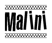 The clipart image displays the text Malini in a bold, stylized font. It is enclosed in a rectangular border with a checkerboard pattern running below and above the text, similar to a finish line in racing. 
