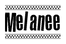 The image contains the text Melanee in a bold, stylized font, with a checkered flag pattern bordering the top and bottom of the text.