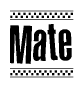 The image contains the text Mate in a bold, stylized font, with a checkered flag pattern bordering the top and bottom of the text.