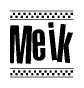 The image contains the text Meik in a bold, stylized font, with a checkered flag pattern bordering the top and bottom of the text.
