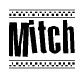 The image contains the text Mitch in a bold, stylized font, with a checkered flag pattern bordering the top and bottom of the text.