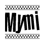 The image contains the text Mymi in a bold, stylized font, with a checkered flag pattern bordering the top and bottom of the text.